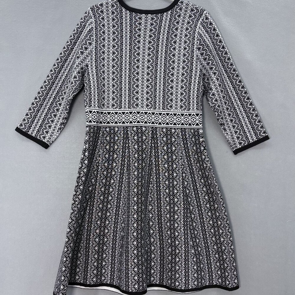 Nina Leonard Fit & Flare Knit Sweater Dress Geometric Print Black White Feminine - Picture 6 of 12